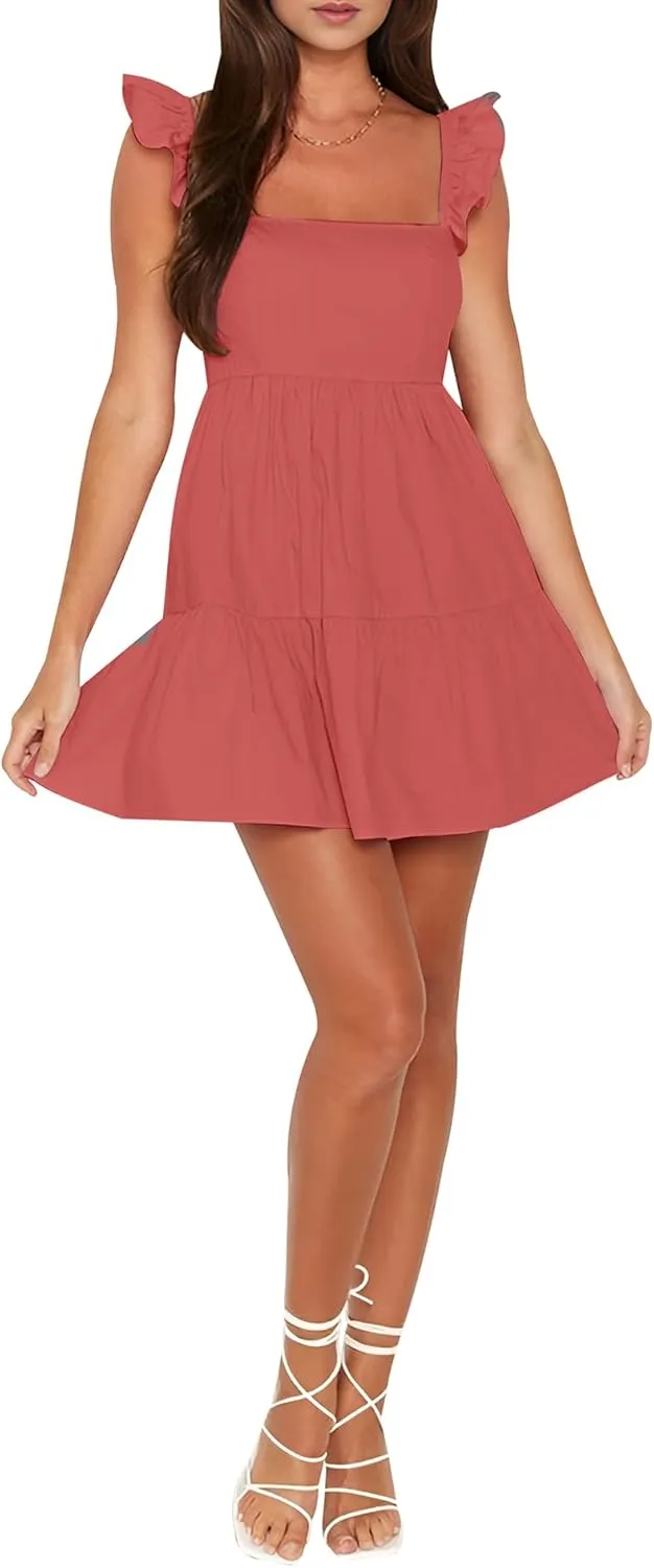 AIMCOO Women's Ruffle Sleeve Summer Sundress Cute Tiered Mini Babydoll Dress A-Line Flowy Short Swing Dresses with Pockets