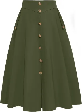 Belle Poque Womens A Line Midi Skirt Vintage Button Down Swing Skirt High Waisted Slit Pleated Skirt with Pockets