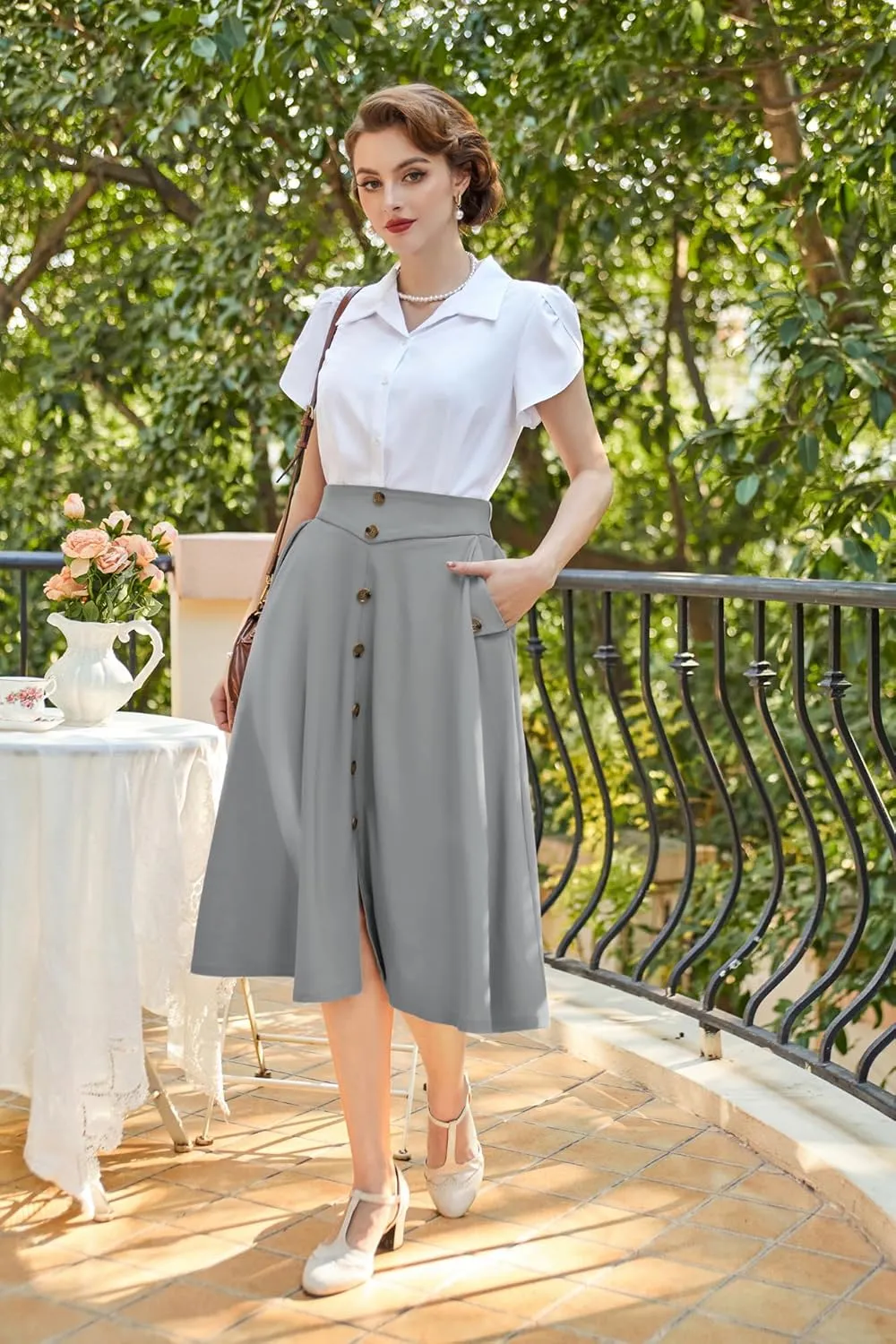 Belle Poque Womens A Line Midi Skirt Vintage Button Down Swing Skirt High Waisted Slit Pleated Skirt with Pockets