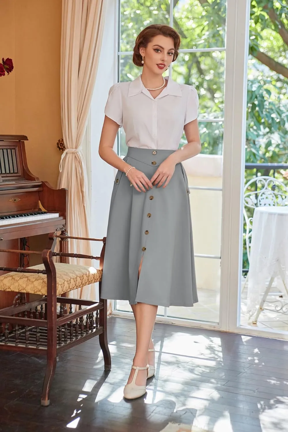 Belle Poque Womens A Line Midi Skirt Vintage Button Down Swing Skirt High Waisted Slit Pleated Skirt with Pockets