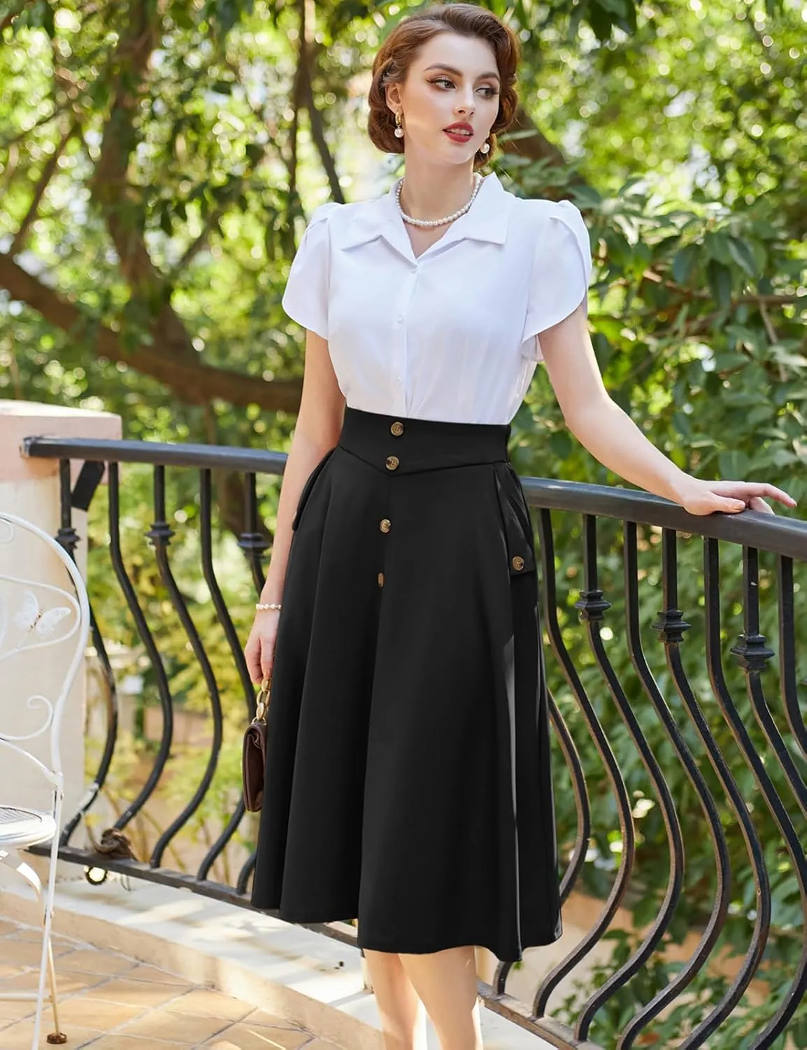 Belle Poque Womens A Line Midi Skirt Vintage Button Down Swing Skirt High Waisted Slit Pleated Skirt with Pockets