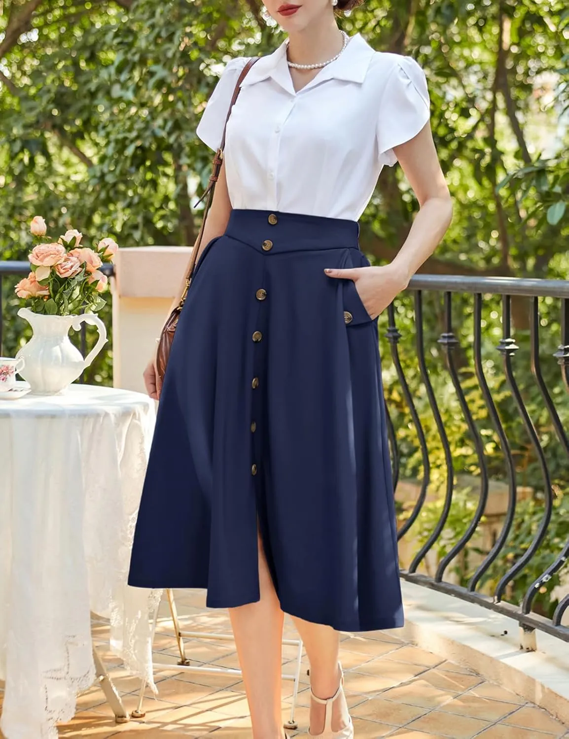 Belle Poque Womens A Line Midi Skirt Vintage Button Down Swing Skirt High Waisted Slit Pleated Skirt with Pockets