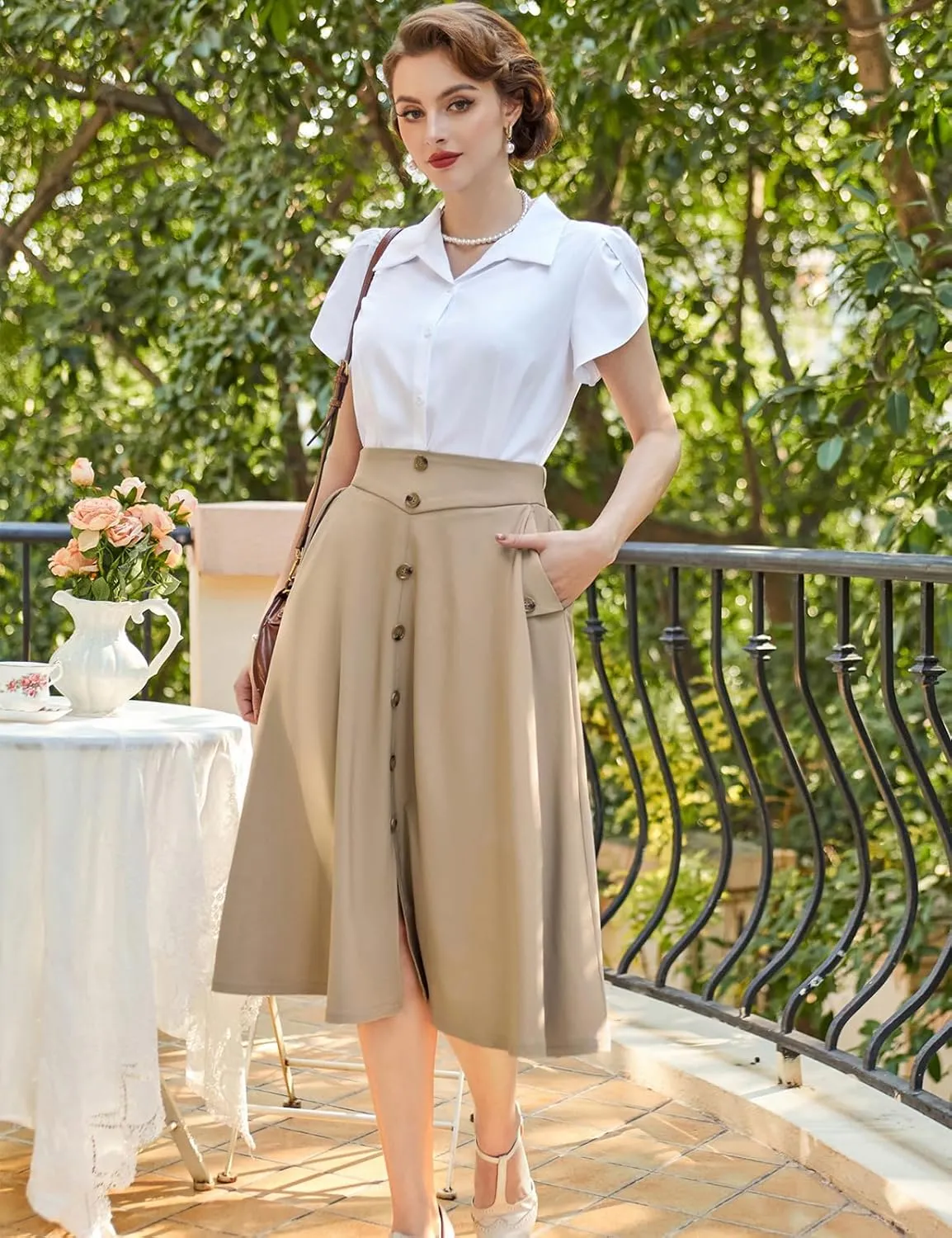Belle Poque Womens A Line Midi Skirt Vintage Button Down Swing Skirt High Waisted Slit Pleated Skirt with Pockets