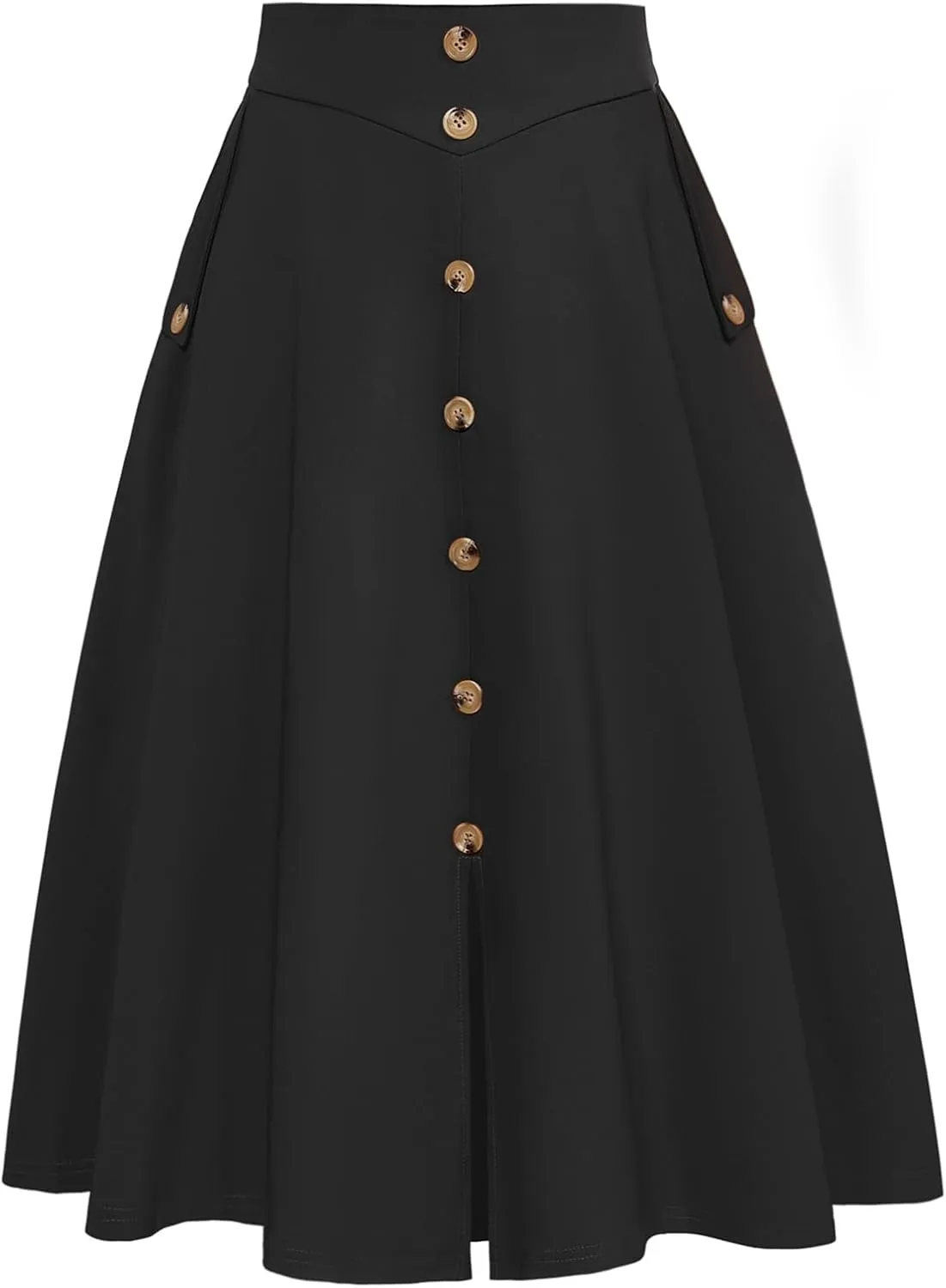 Belle Poque Womens A Line Midi Skirt Vintage Button Down Swing Skirt High Waisted Slit Pleated Skirt with Pockets