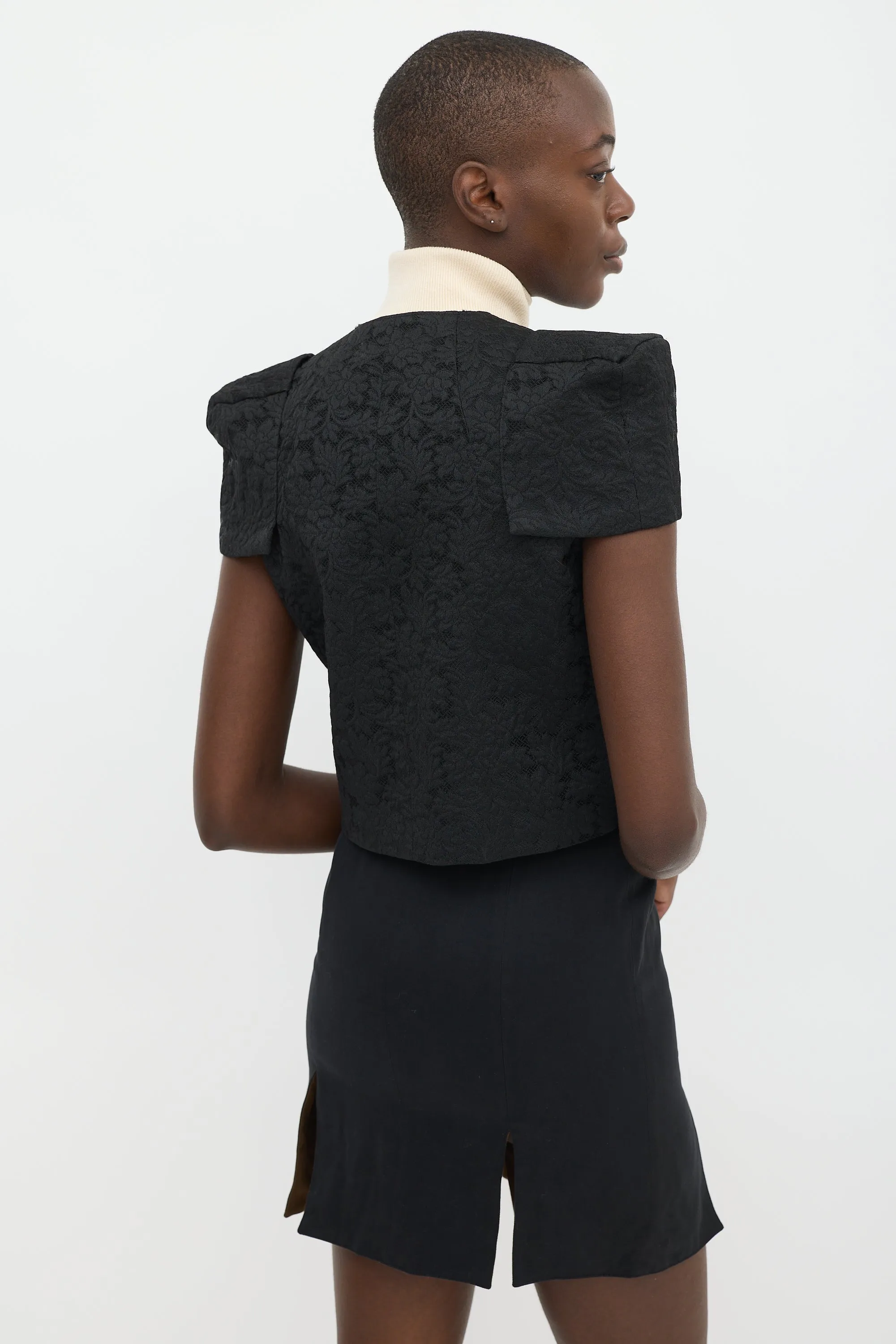 Black Lace Structured Cap Sleeve Jacket