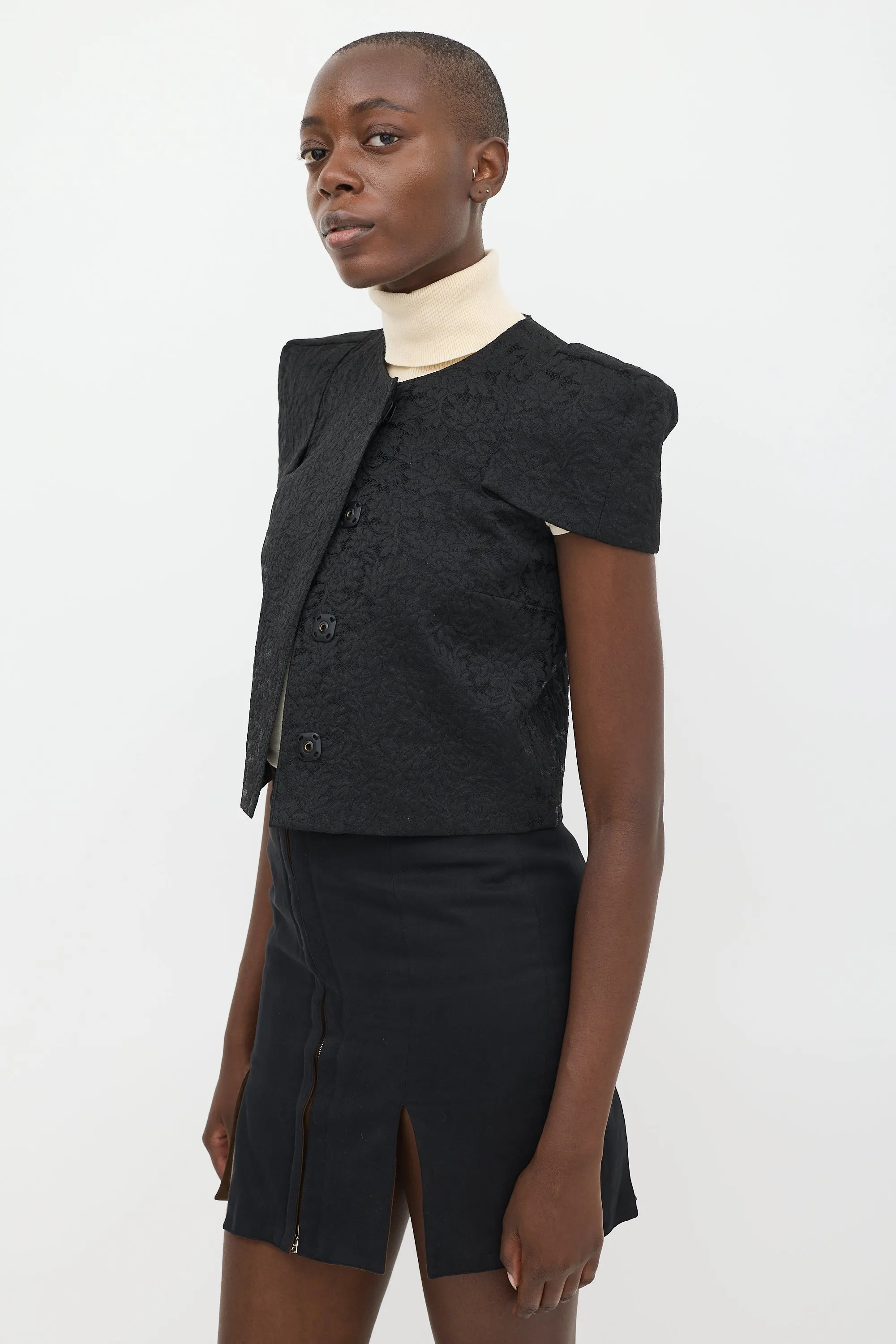 Black Lace Structured Cap Sleeve Jacket