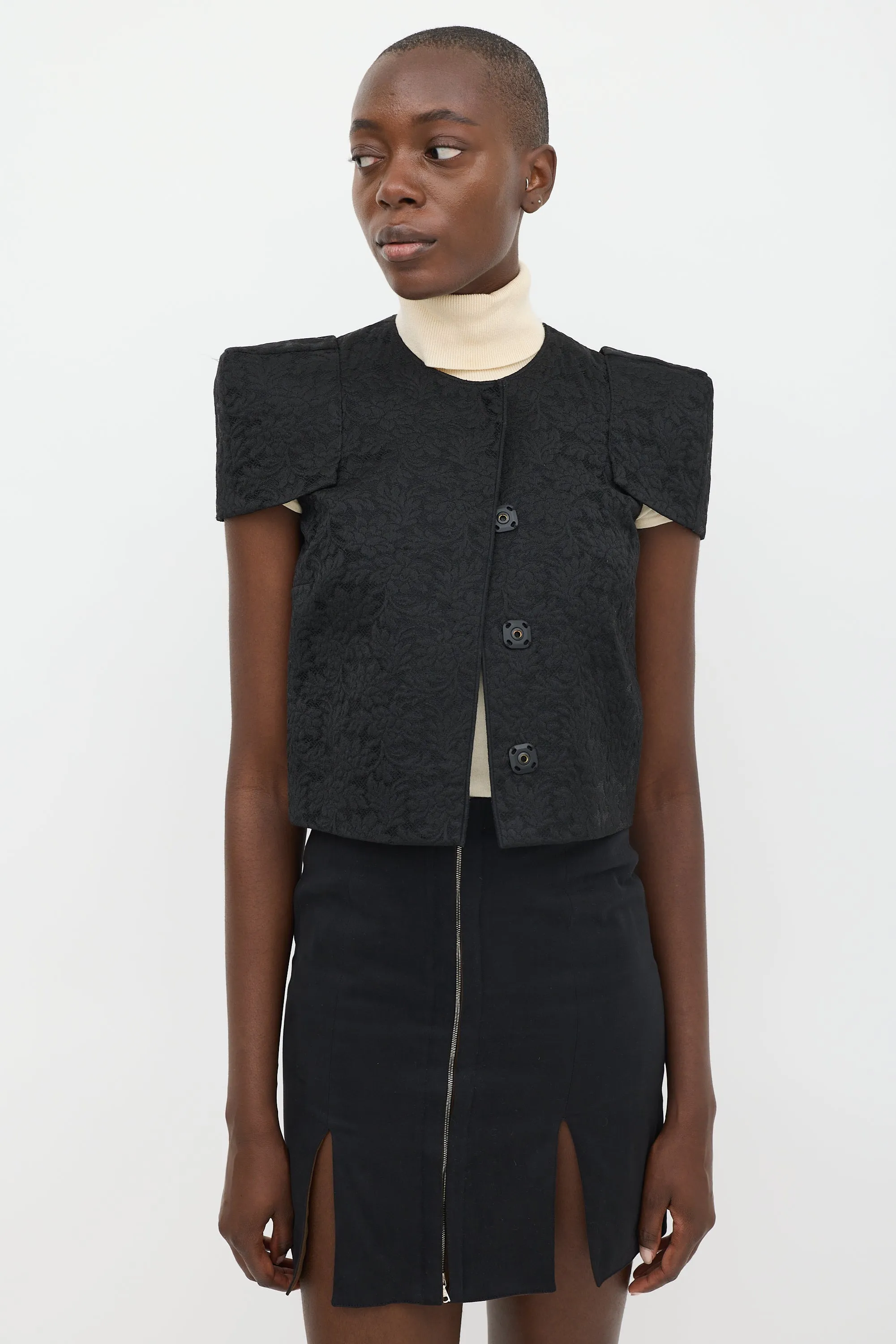 Black Lace Structured Cap Sleeve Jacket