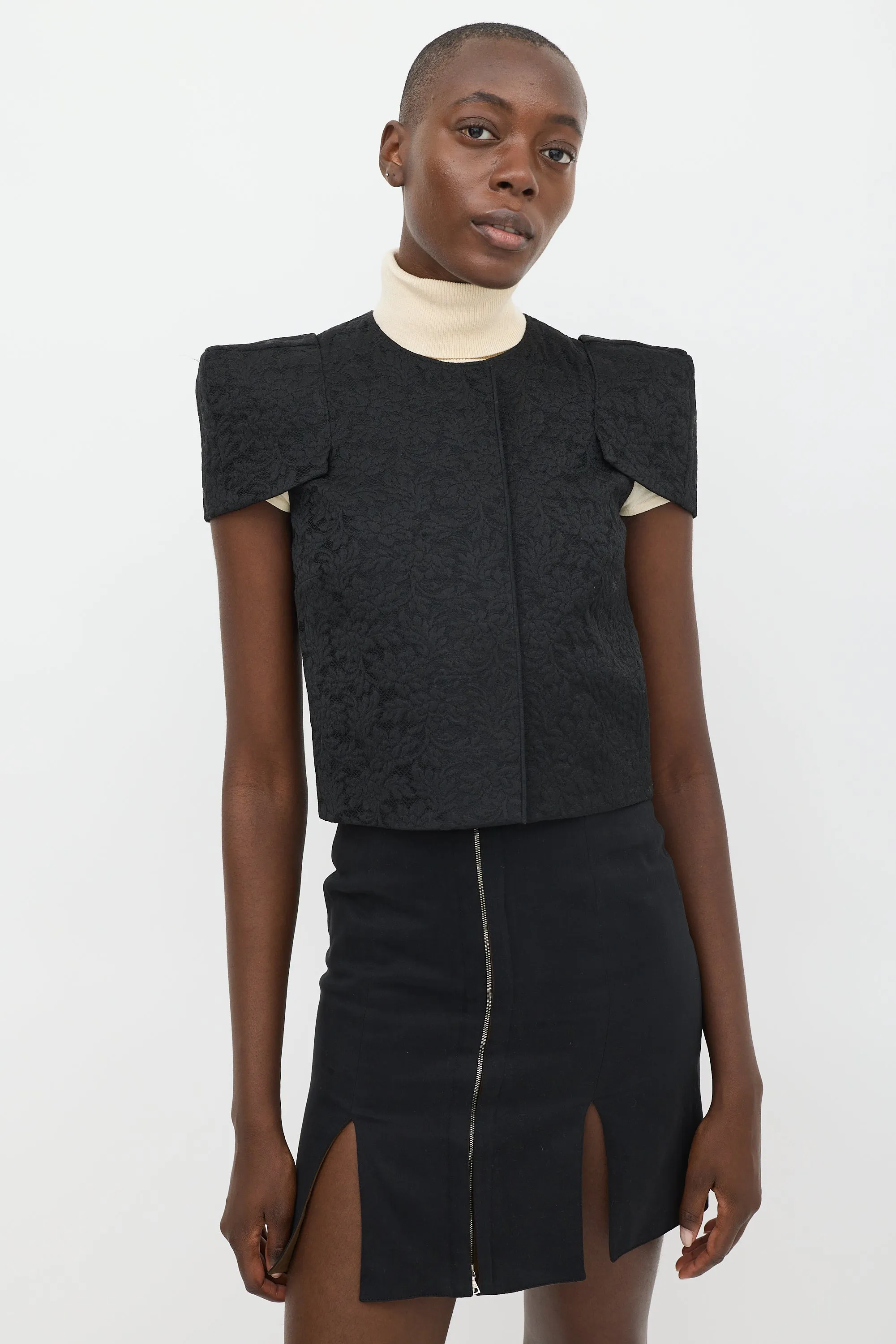 Black Lace Structured Cap Sleeve Jacket