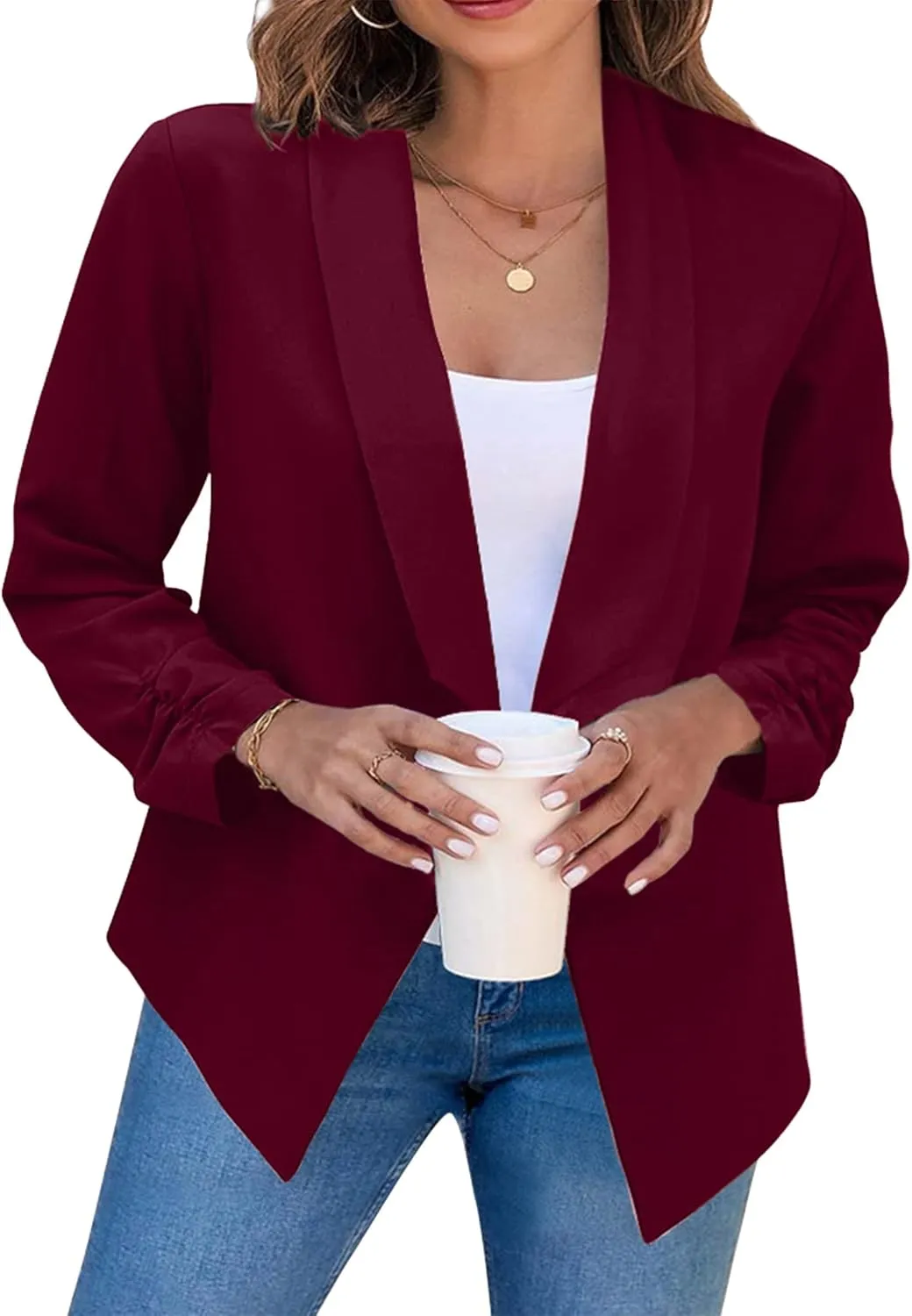 BOFETA Women Lightweight Long Sleeve Blazer Open Front Business Blazer Notched Collar Work Office Blazer