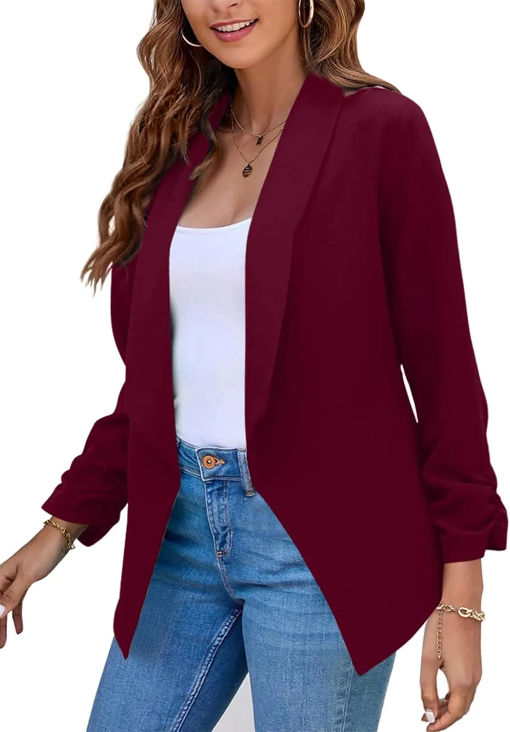 BOFETA Women Lightweight Long Sleeve Blazer Open Front Business Blazer Notched Collar Work Office Blazer