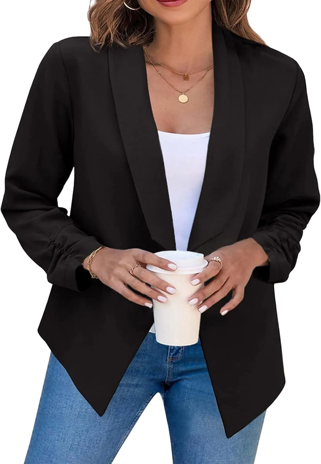 BOFETA Women Lightweight Long Sleeve Blazer Open Front Business Blazer Notched Collar Work Office Blazer