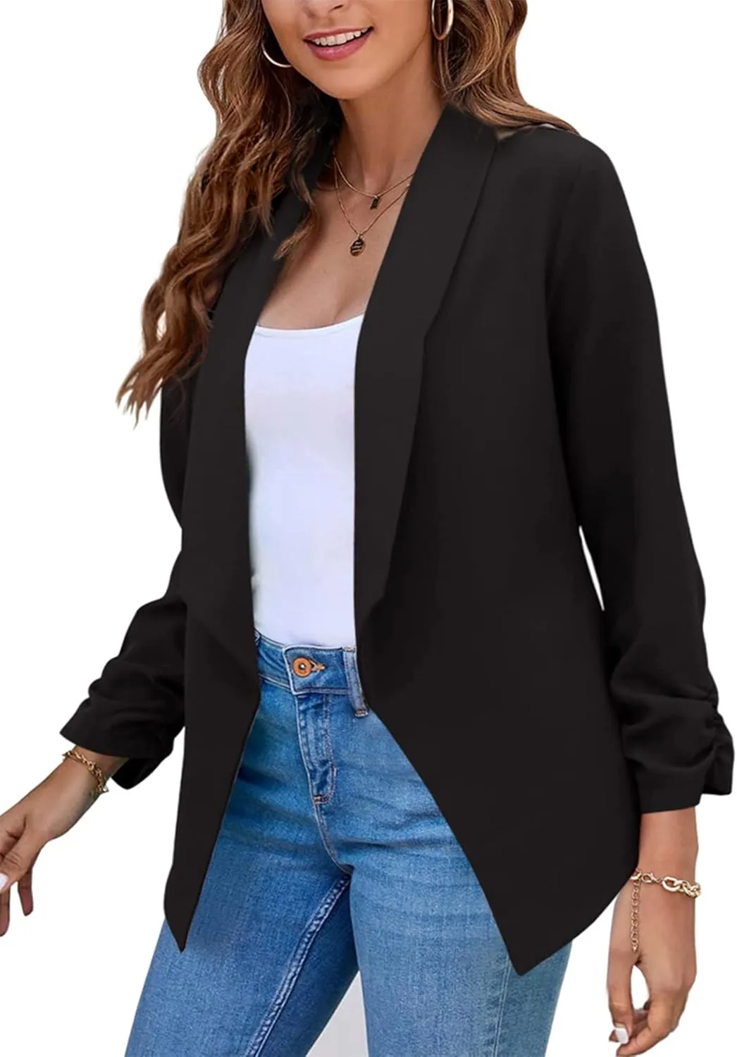 BOFETA Women Lightweight Long Sleeve Blazer Open Front Business Blazer Notched Collar Work Office Blazer