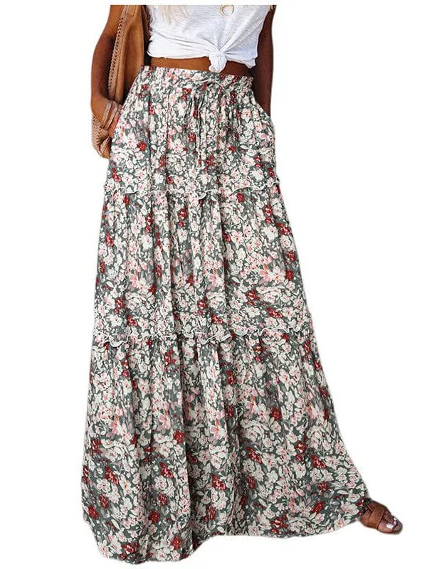 Boho Ethnic Ruffle Long Skirt Wholesale With Vibrant Printed Design
