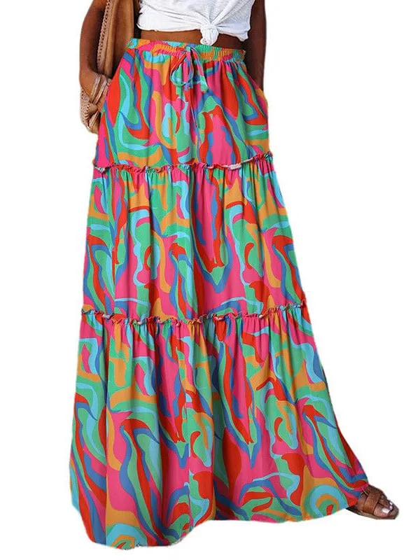 Boho Ethnic Ruffle Long Skirt Wholesale With Vibrant Printed Design
