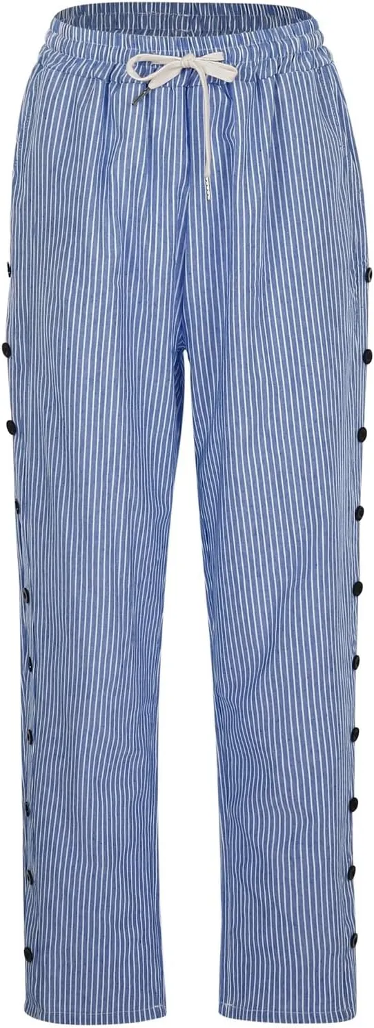 Casual Stripe Cotton Linen Pants for Womens Lightweight Elastic Drawstring Leisure Joggers Daily Soft Comfy Straight Leg Pant