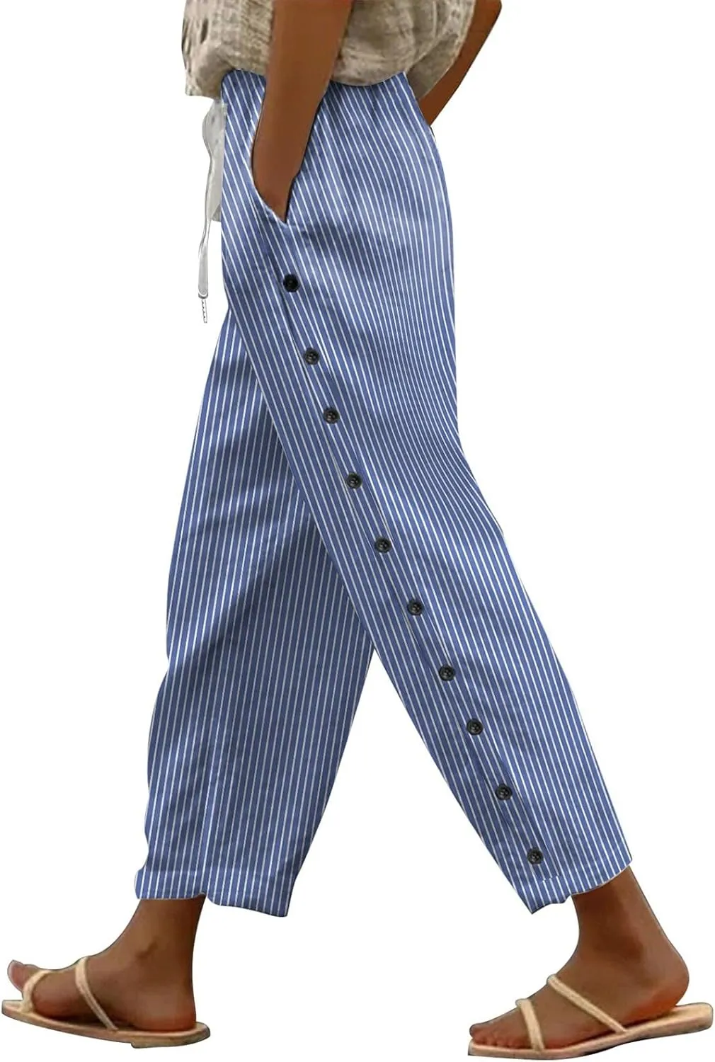 Casual Stripe Cotton Linen Pants for Womens Lightweight Elastic Drawstring Leisure Joggers Daily Soft Comfy Straight Leg Pant