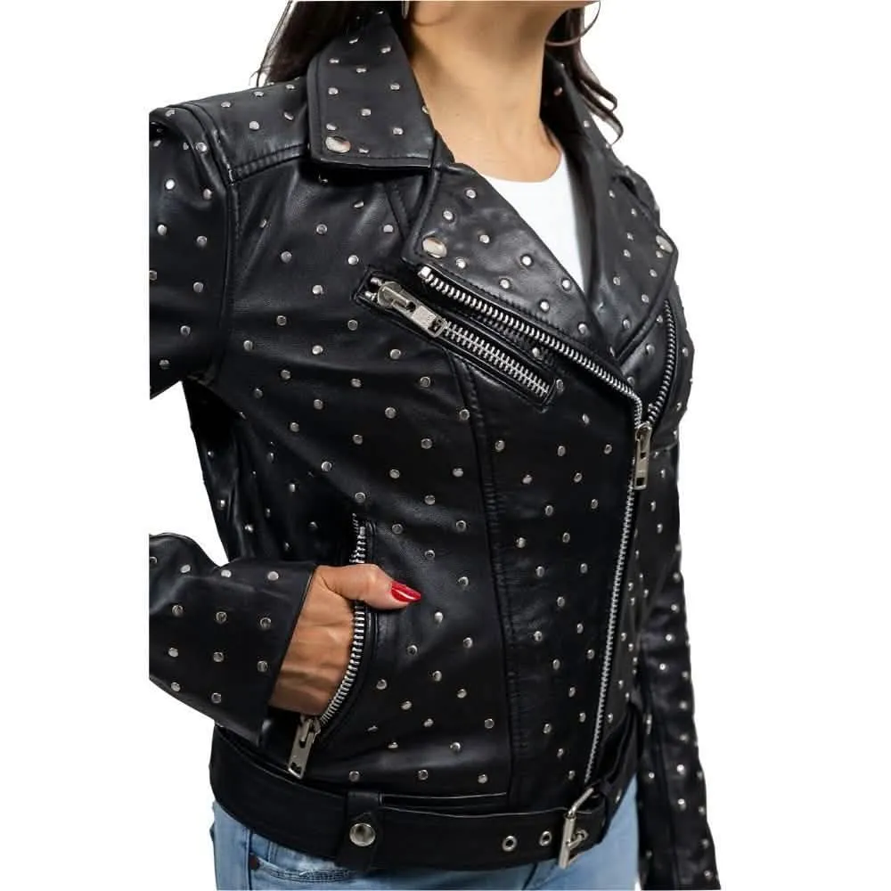 Chic Asymmetrical Studded Lambskin Leather Jacket