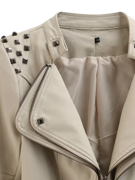 Chic Studded Waist-cinched PU Bomber Jacket