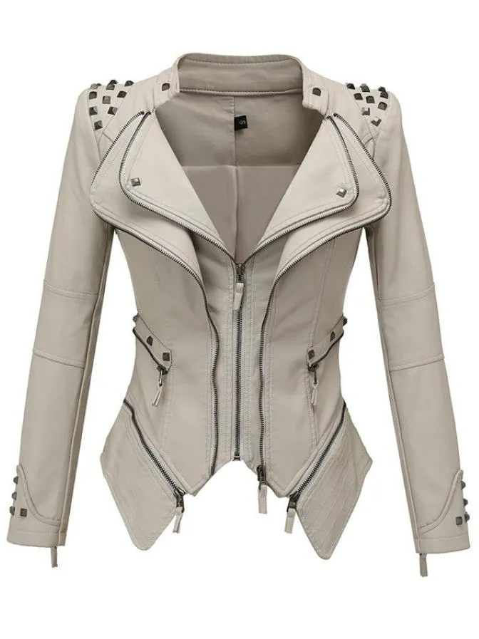 Chic Studded Waist-cinched PU Bomber Jacket