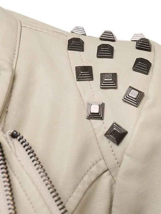 Chic Studded Waist-cinched PU Bomber Jacket
