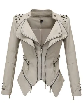 Chic Studded Waist-cinched PU Bomber Jacket