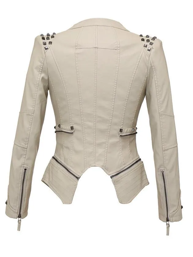 Chic Studded Waist-cinched PU Bomber Jacket