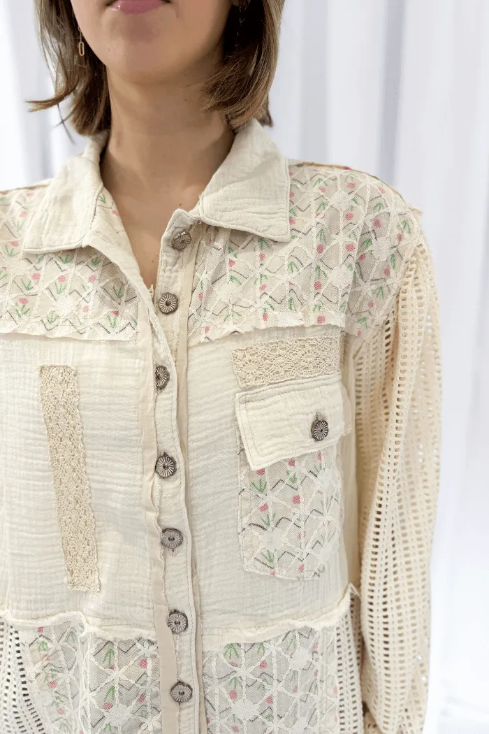Crochet Sleeve Lace Detail Jacket in Cream
