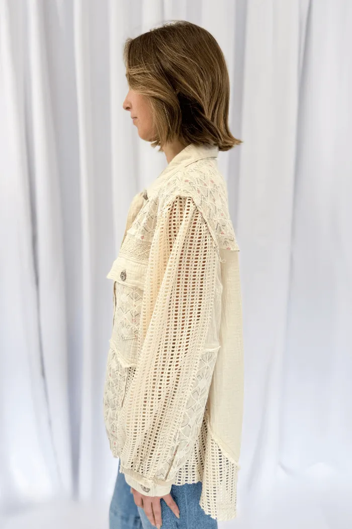 Crochet Sleeve Lace Detail Jacket in Cream
