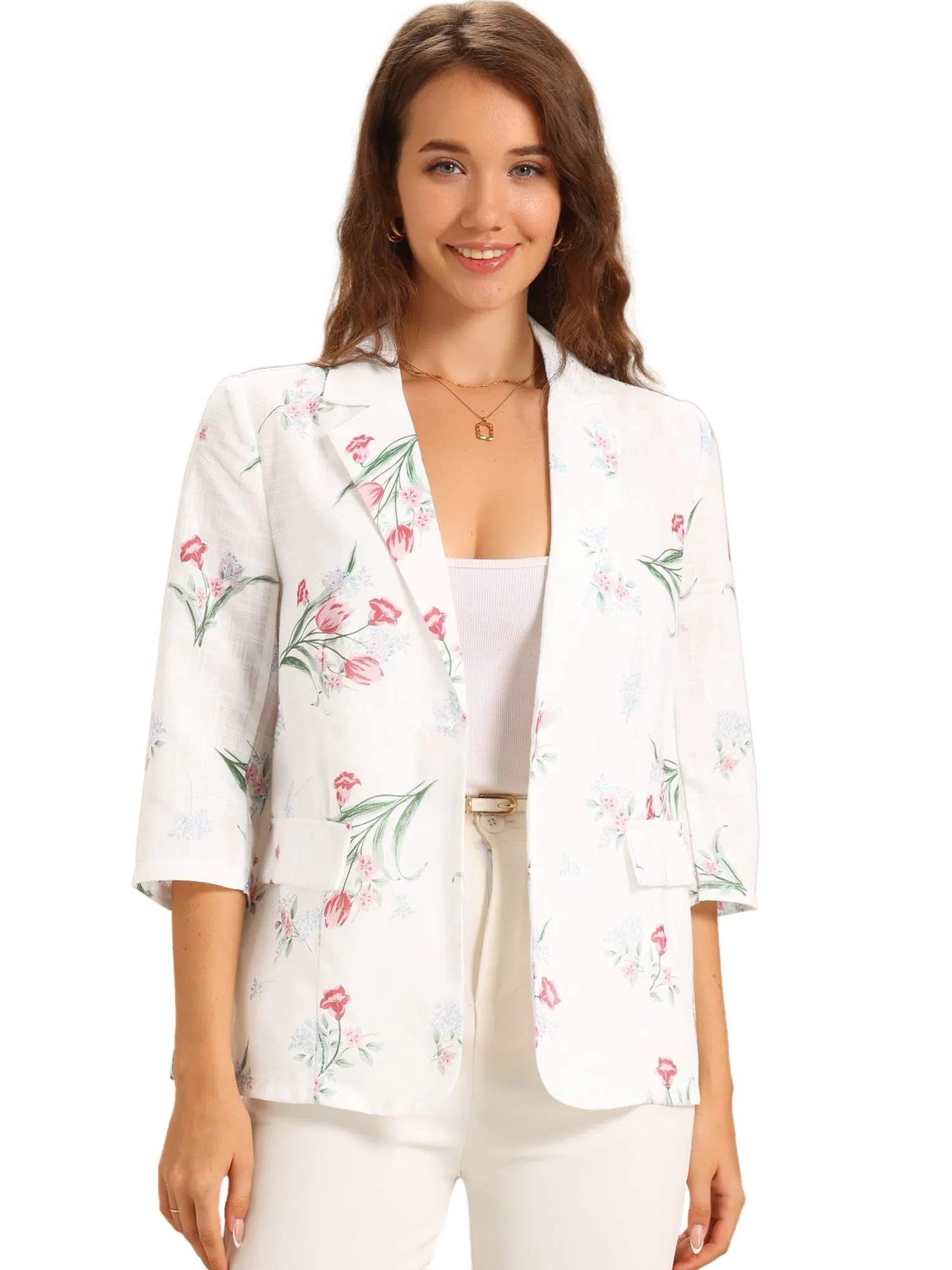Floral 3/4 Sleeve Notch Lapel Lightweight Blazer