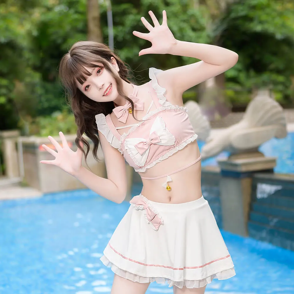 Girly Cute Pink Bow Kitten Split Swimsuit Set