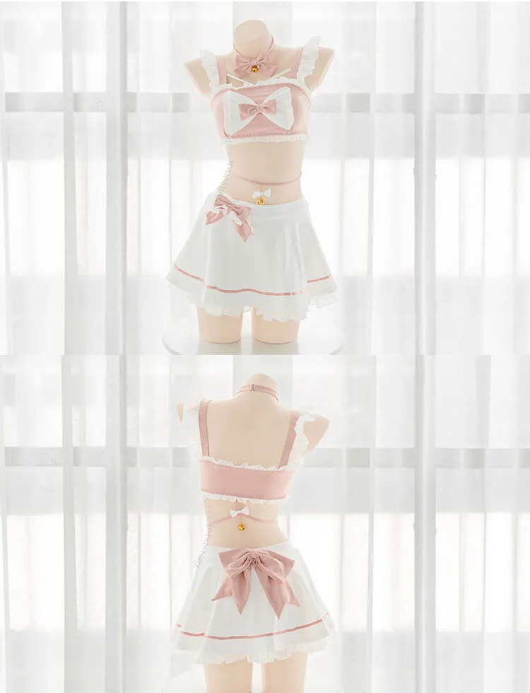 Girly Cute Pink Bow Kitten Split Swimsuit Set