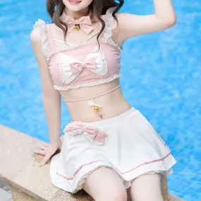 Girly Cute Pink Bow Kitten Split Swimsuit Set