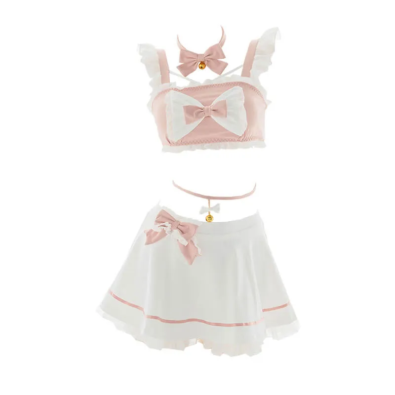 Girly Cute Pink Bow Kitten Split Swimsuit Set