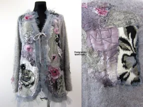 Gray Knit Cardigan Sweater,XL Warm Faux Fur Embroidered Cardigan