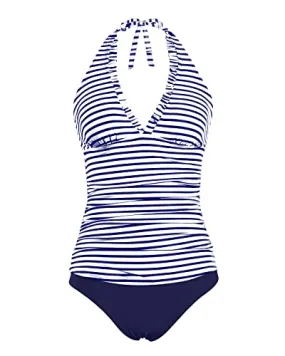 Halter Tankini Tops With Bikini Bottoms Women's Two Piece Swimsuits-Blue White Stripe