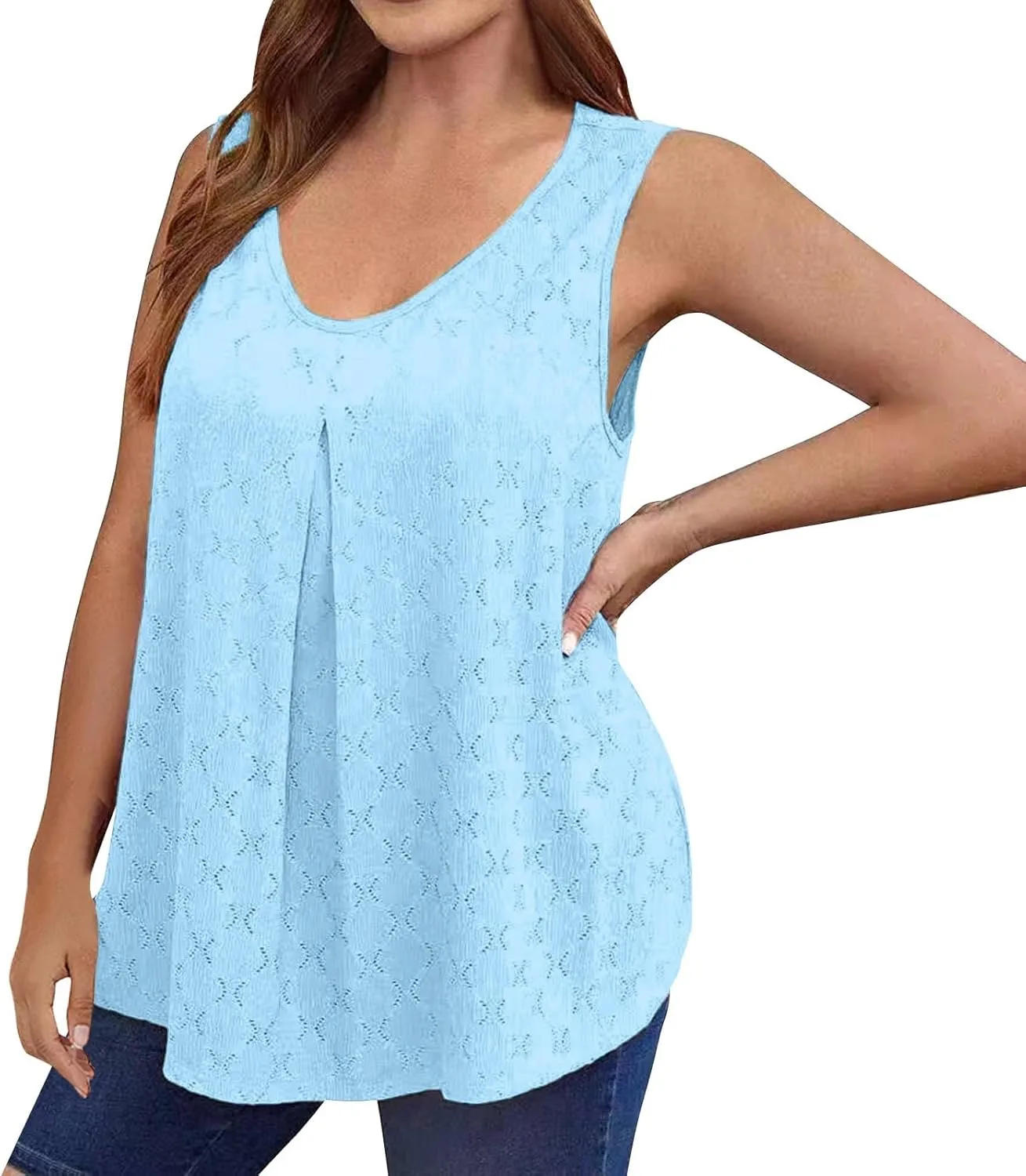 HGps8w Plus Size Eyelet Tank Tops for Women Sleeveless 2025 Summer Loose Pleated U Neck Tunics Casual Tee Shirts