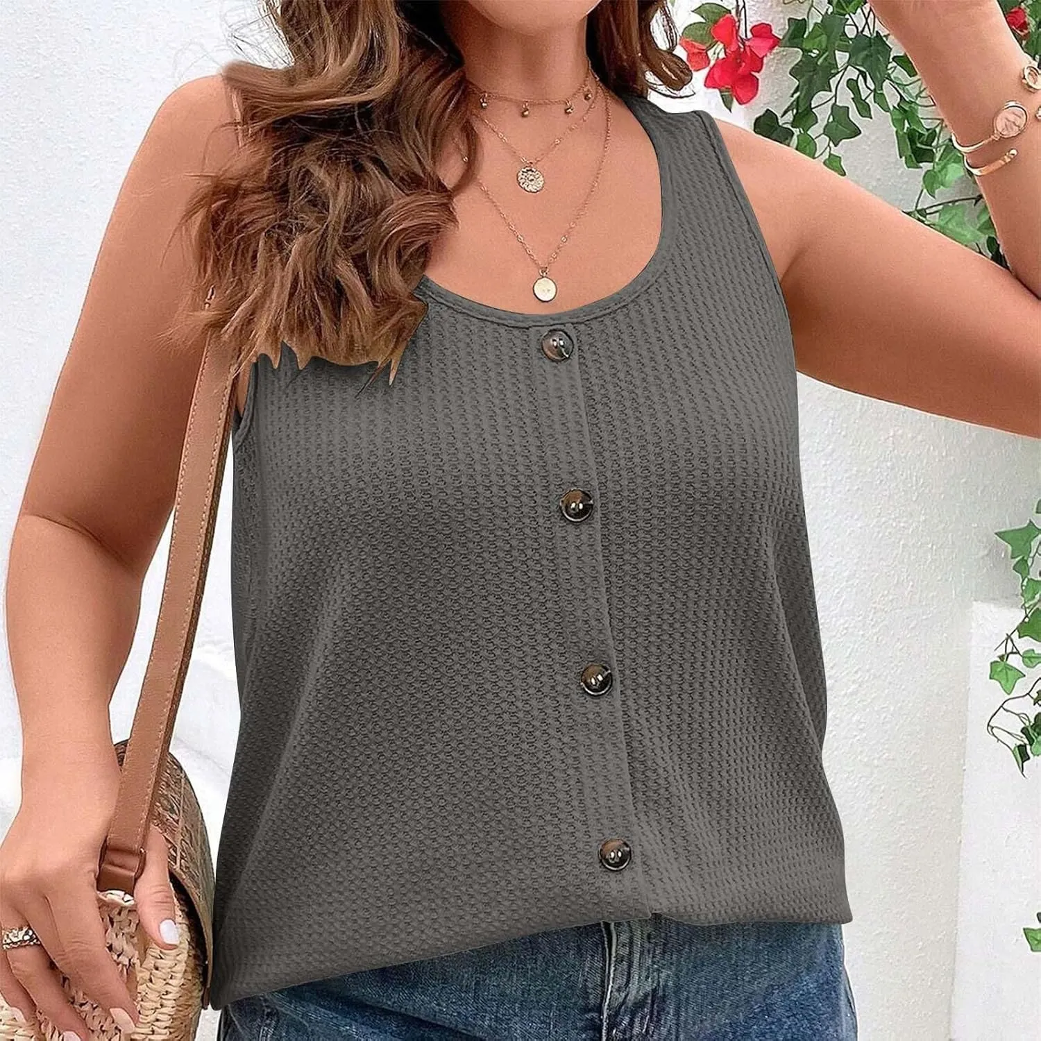 HGps8w Plus Size Waffle Tank Tops for Women 2025 Summer Loose Crewneck Button Front Sleeveless Dressy Casual Tunic Shirts