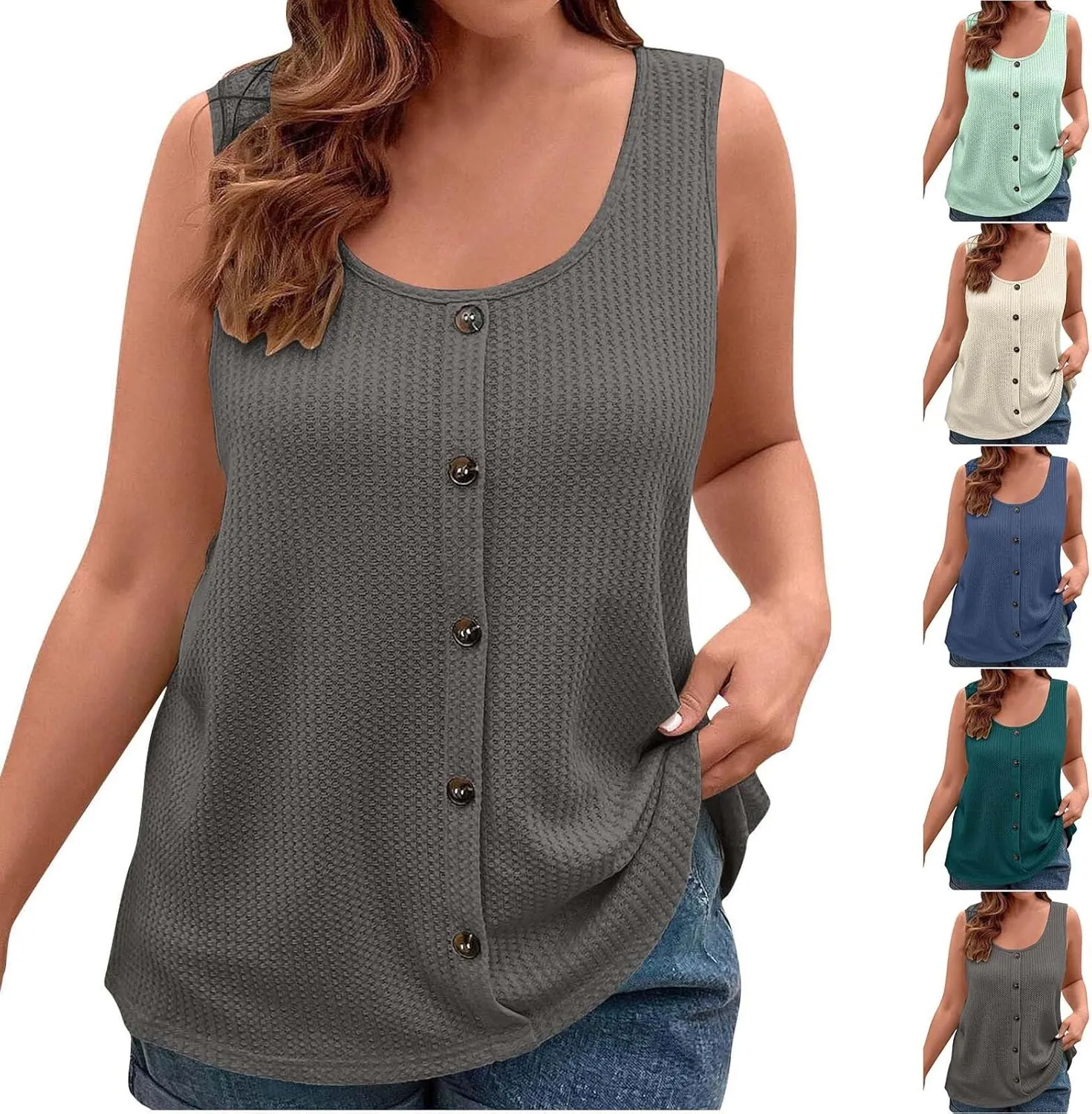 HGps8w Plus Size Waffle Tank Tops for Women 2025 Summer Loose Crewneck Button Front Sleeveless Dressy Casual Tunic Shirts