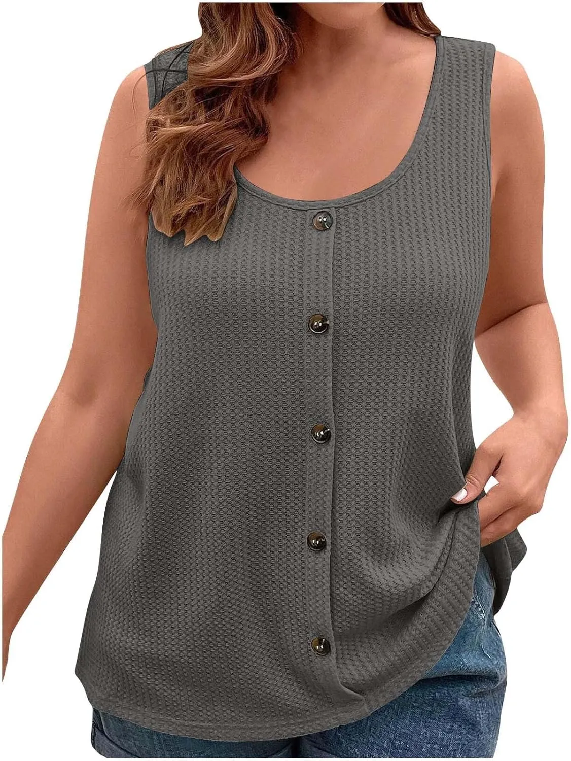 HGps8w Plus Size Waffle Tank Tops for Women 2025 Summer Loose Crewneck Button Front Sleeveless Dressy Casual Tunic Shirts