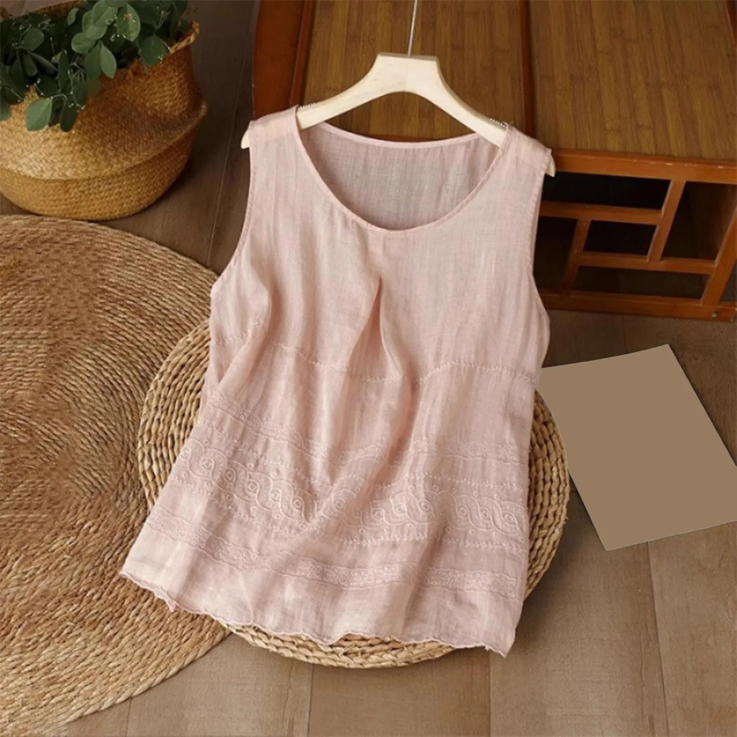 HGps8w Women's Embroidered Cotton Linen Tank Tops Loose Fit Casual Summer Crewneck Sleeveless Tunic Shirts Pleated Blouse