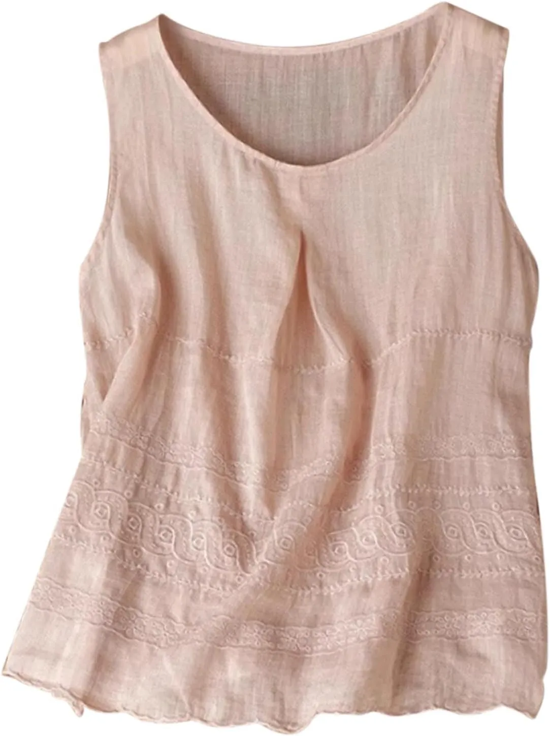 HGps8w Women's Embroidered Cotton Linen Tank Tops Loose Fit Casual Summer Crewneck Sleeveless Tunic Shirts Pleated Blouse