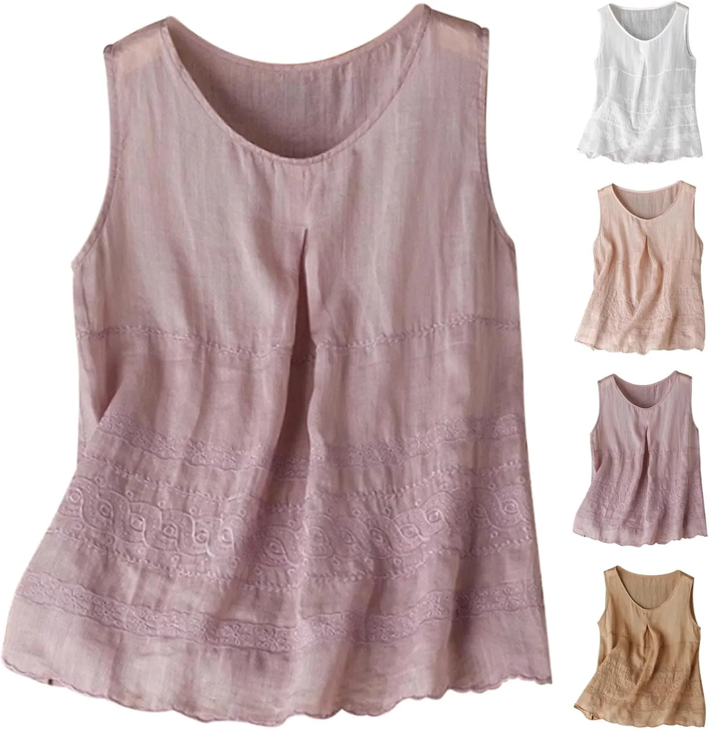 HGps8w Women's Embroidered Cotton Linen Tank Tops Loose Fit Casual Summer Crewneck Sleeveless Tunic Shirts Pleated Blouse