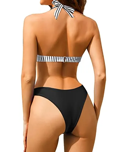 High Cut V Neck Halter Cheeky Two Piece Swimsuit for Women Bikinis