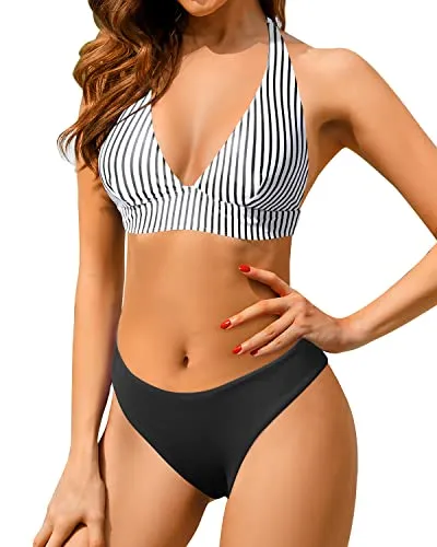 High Cut V Neck Halter Cheeky Two Piece Swimsuit for Women Bikinis