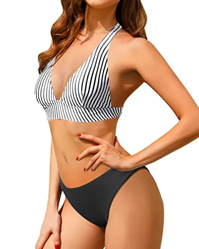High Cut V Neck Halter Cheeky Two Piece Swimsuit for Women Bikinis
