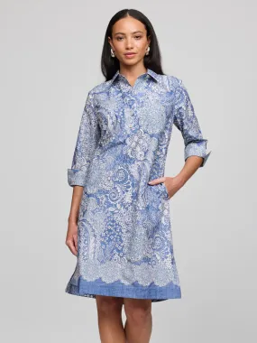 Hinson Wu Charlotte 3/4 Sleeve Lace Print Dress in Blue/Ecru