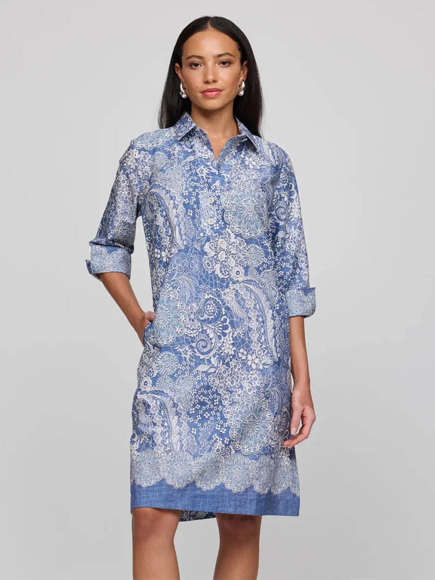 Hinson Wu Charlotte 3/4 Sleeve Lace Print Dress in Blue/Ecru
