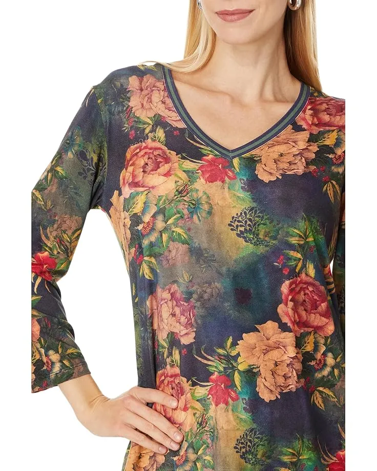 Johnny Was Catalina Janie Favorite 3/4 V Tee Floral Shirt Blue Burnout Top M NEW