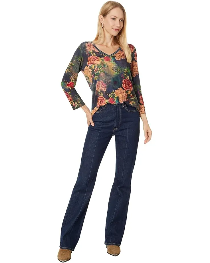 Johnny Was Catalina Janie Favorite 3/4 V Tee Floral Shirt Blue Burnout Top M NEW