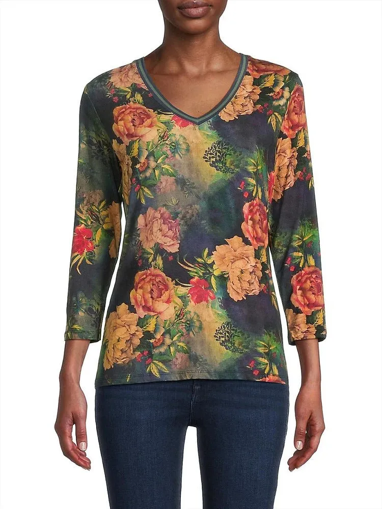 Johnny Was Catalina Janie Favorite 3/4 V Tee Floral Shirt Blue Burnout Top M NEW